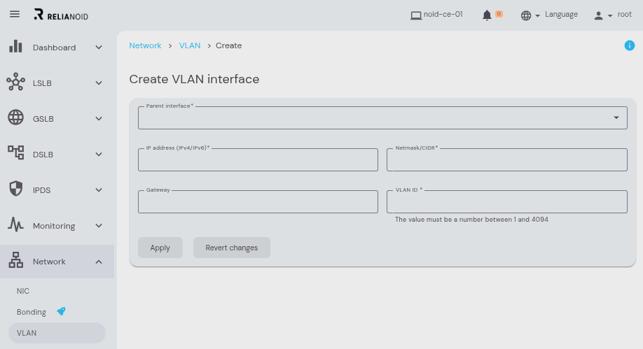 relianoid adc load balancer v9 network vlan create